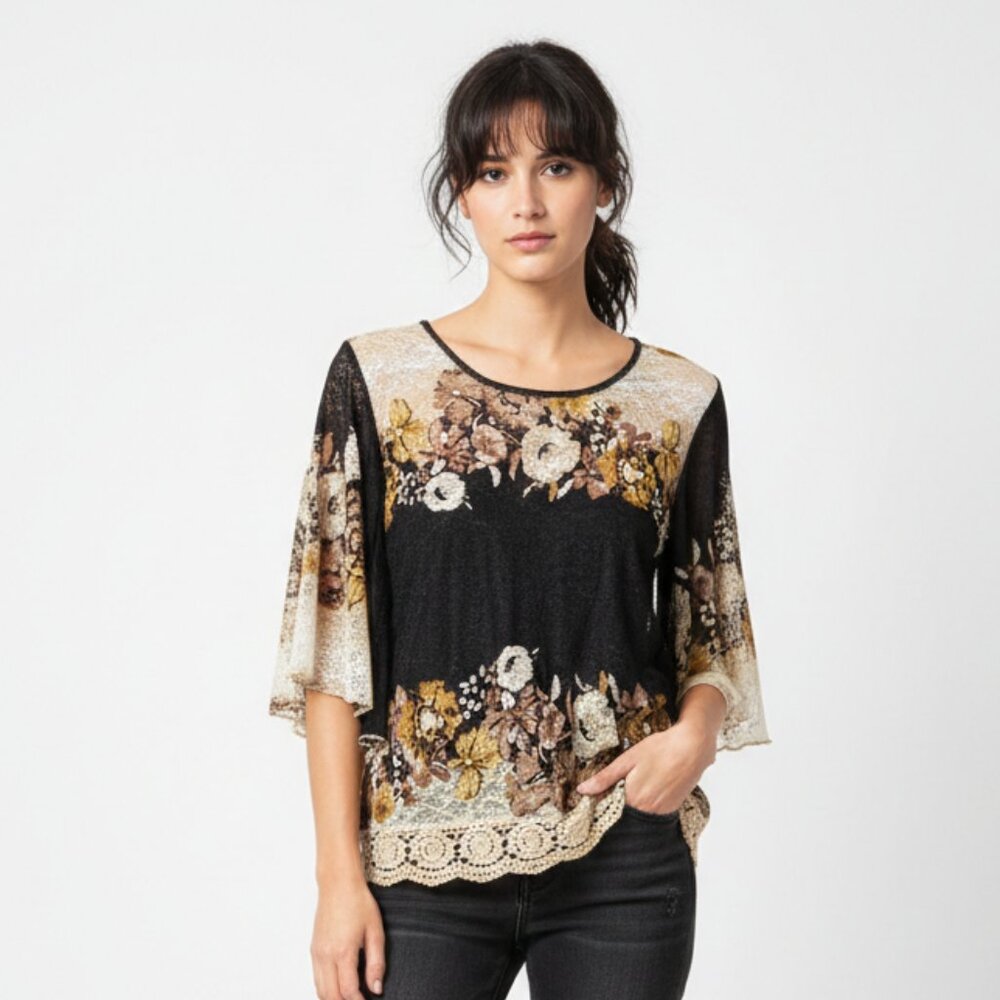 Rain Blouse Mesh Crochet Goth Grunge Whimsigoth Brown Floral L